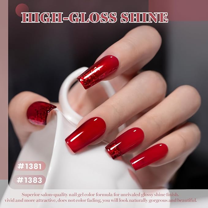 RARJSM Jelly Stained Glass Gel Nail Polish Set 6pcs Clear Glazed Amber Burgundy Cherry Wine Red Glitter Series Crystal Transparent Sheer Gel Varnish Curing Requires Soak off Christmas Manicure