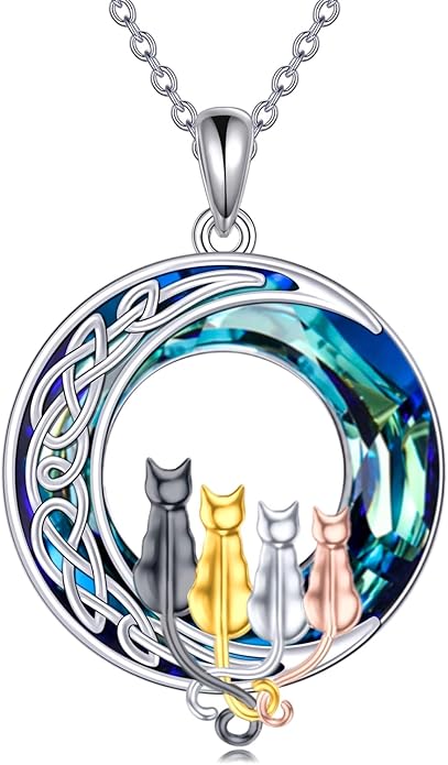 TOUPOP Cat Gifts for Cat Lovers One Two Three Four Cats Necklace Sterling Silver Cats on the Moon Pendant Necklace with Blue Circle Crystal Birthday Christmas Celtic Jewelry Gifts for Women