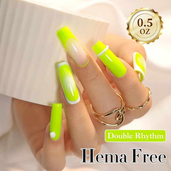 Double Rhythm 0.50 OZ Gel Polish Same Color Same Bottle Golden Round Hema Free Neutral Natural Milky 15 ML Jelly UV Polish Art DIY at Home (Neon Yellow Green-C1305)