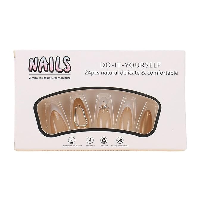 BSBTBZ White French Press on Nails Almond Chrome Gold False Nails with Star Rhinestones Nail Charms Designs Acrylic Nude Full Over Stick on Nails Glossy Artificial Nails for Women Manicure