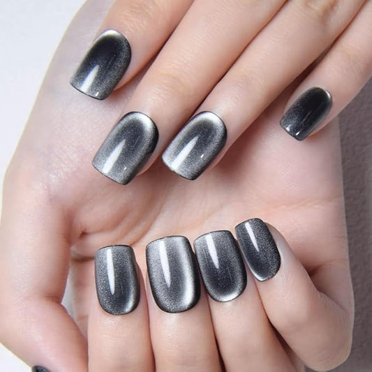 evpct Black Silver Cat Eye Press on Nails Short Square, Short Square Stick on Nails for Women Gift, Silver Grey Gray Metallic Glitter Shimmer Reusable Gel Press on Acrylic Fake Nail with Design