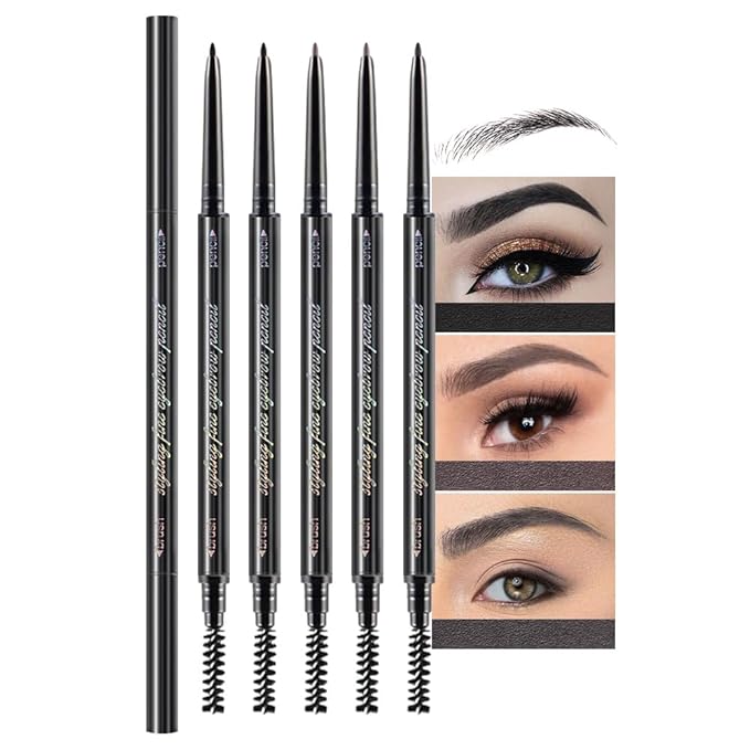 5 Pcs Dual-Sided Auto-rotate Ultra-Fine Tip Eye Brow Pencils Pack, Draws Tiny Precise Brow Makeup, Hairs, Defines, Fills Brows, Shapes, Contours, Combs, ‌1mm Pen Point (2*Black+2*Milk tea+Gray)