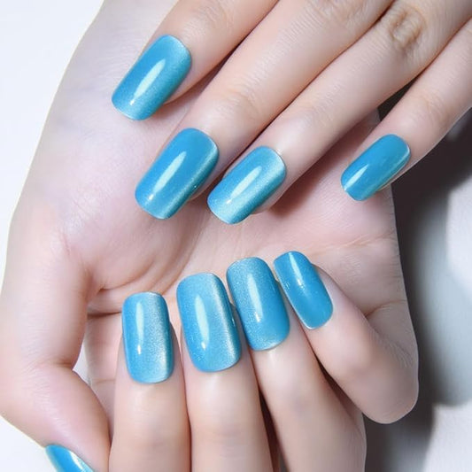 Aqua Blue Cat Eye Press on Nails Medium Square, Medium Square Press Stick on Nails Chrome for Women Gift, Aqua Blue Holographic Glitter Glossy Reusable Gel Acrylic Fake Nail with Designs Cateye Effect