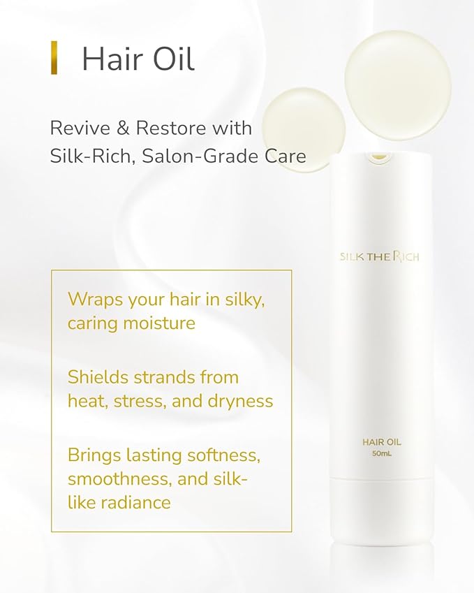 SILK THE RICH Hair Oil Heat Protectant & Split End Repair, Salon-Quality Treatment with Argan Oil for Frizzy, Curly, Damaged, Dry Hair, Fragrance Scalp Moisture, Travel Size, White (1.7 fl oz, 50ml)