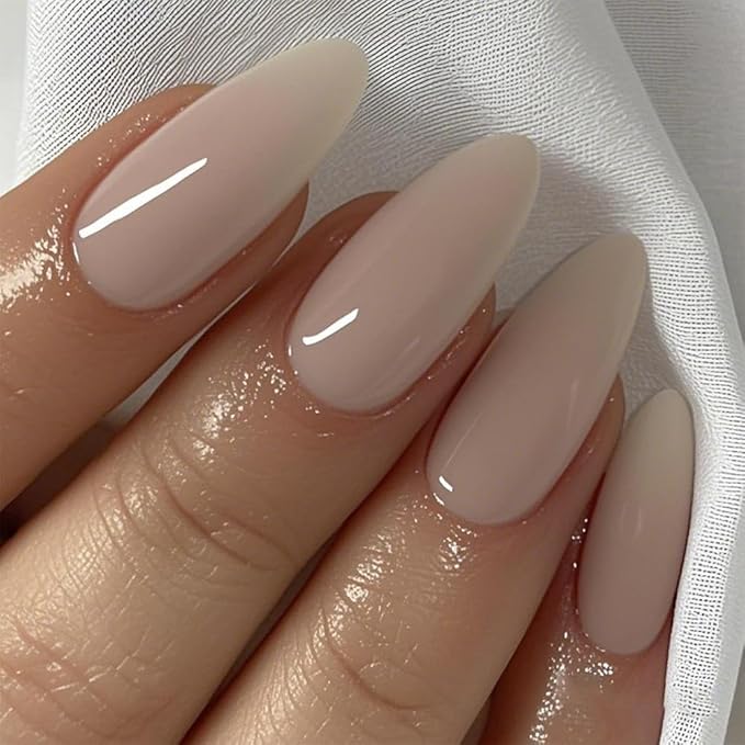 GLAMERMAID Press on Nails Medium Almond, Spring Summer Nude Gel Glue on Nail, Glossy Short Stiletto Reusable UV Finish Fake Nails Acrylic False Nails Manicure Kits for Women