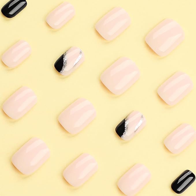 XZMeiLun Pink Press On Nails Short Square, Black Silver Glitter Design Short False Nails, Reusable Stick On Fake Nails with Glue For Women, 12Sizes-24 Salon Quality Nail Kit, Gift for Woman
