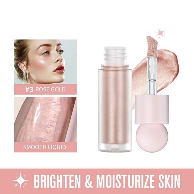 Liquid Highlighter Makeup Face Highlighters & Luminizers, Pink Highlighters Makeup for Long Lasting Shimmer Natural Glow, Body Highlighter Easy to Apply with Cushion Applicator (#3 Rose gold)