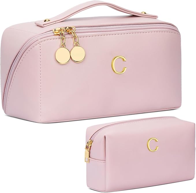 Valentine's Day Gifts for Women Teen Girl, Personalized Initial Makeup Organizer Bag Set, Open Flat Travel Cosmetic Bag With Clear Divider and Handle(Pink,C)
