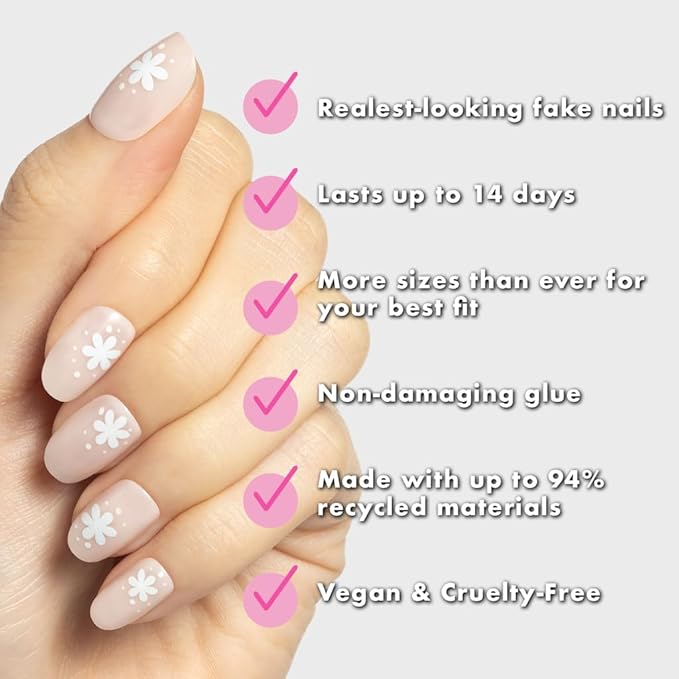 Olive & June Instant Mani Press-On Nails | (Glue) Short, Round 42 Fake Nails, 21 Sizes | Non-Toxic, Long-Lasting Recycled Materials Realistic Look | Salon-Quality at Home | Daisy Dance