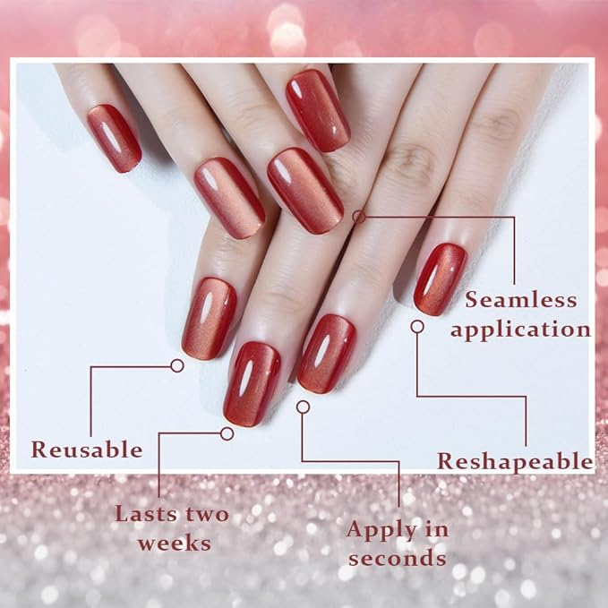 Red Cat Eye Press on Nails Medium Square, Medium Square Press Stick on Nails Chrome for Women Gift, Red Holographic Glitter Glossy Reusable Soft Gel Acrylic Fake Nail with Designs Cateye Effect
