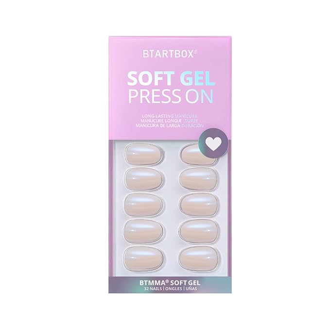 BTArtbox Press On Nails Short - Chrome Christmas Press On Nails with Glue for Women, Soft Gel Glue On Nails in 16 Sizes - 32 Stick On Nails Kit, Chrome Pearl
