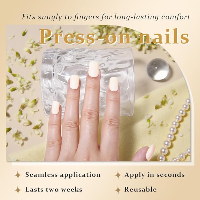 evpct Acrylic Beige Glossy Press on Nails Short Square, Glossy Beige Fake Nails Reusable False Nail Stick on Press ons for Women Gifts, Perfectly Fit Durable False Nail Kit with Gel Gel 30Pcs