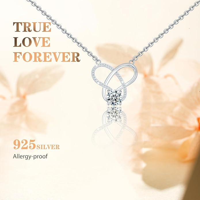 Yuelove Infinity Necklace for Women, 925 Sterling Silver Heart Necklace with 5A Zircon, White Gold Plated Adjustable Chain, Gift for Valentine's Day, Birthday, Anniversary for Wife, Girlfriend, Mom