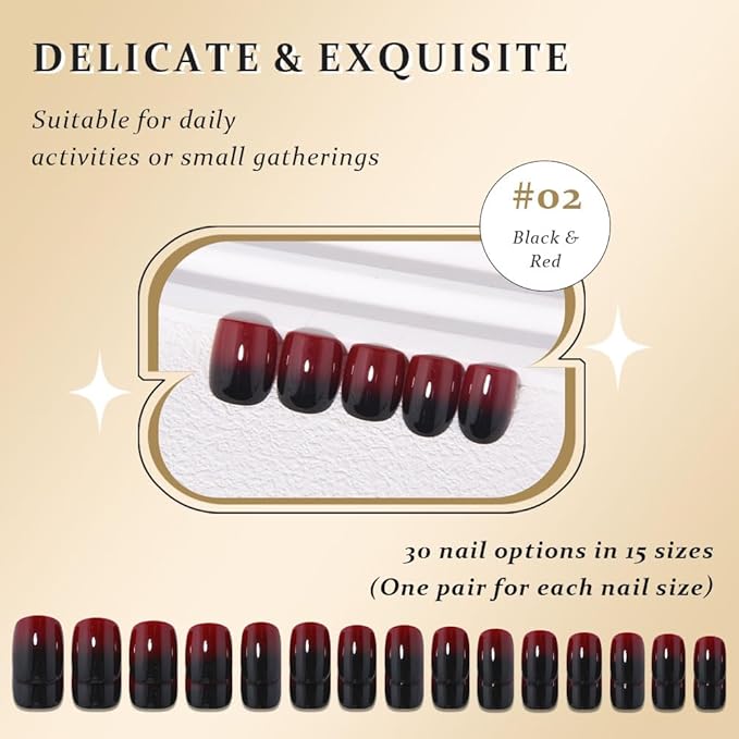evpct Ombre Black to Red Press on Nails Extra Short, Petite Short Square Glossy Stick on Nails for Women Gift with Manicure Kit, Reusable Soft Gel Stick on Fake Nail with Ombre Designs Perfectly Fit
