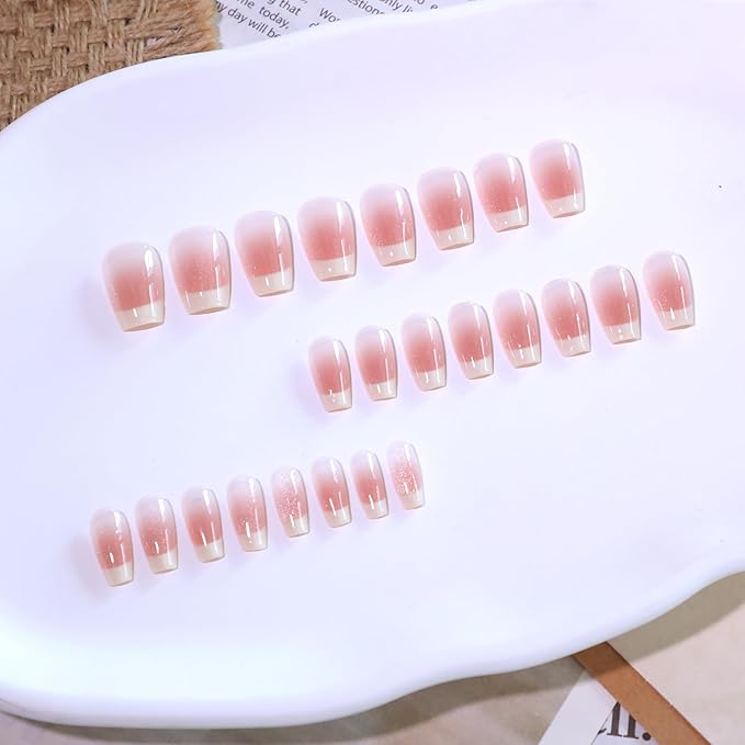 XZMeiLun Press On Nails Short Square, French Tip Chrome Acrylic Press On Nails Short Coffin, Designer Reusable Glazed Fake Nails, Glossy Soft Gel Nails Wedding, Stick Glue On Nail Press Ons for Women