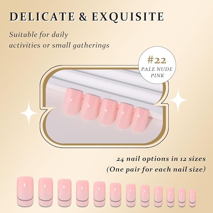 evpct Pale Nude Pink Short Square Glossy Press on Nails for Women Gift, Glossy Pale Nude Pink Fake Nail with Kits Manicure Kit, Soft Gel Full Cover Reusable Stick on Acrylic False Nails Perfectly Fit
