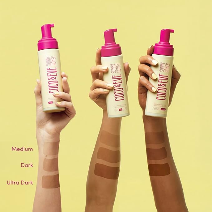 Coco & Eve Sunny Honey Bali Bronzing Bundle (Dark). All Natural Sunless Tanning Mousse. Instant Self Tanning Lotion with Bronzer, Mitt Applicator and Kabuki Brush.