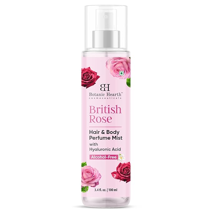 Botanic Hearth British Rose Hair Perfume & Body Perfume Mist with Hyaluronic Acid, Alcohol-Free, Refreshing & Hydrating Body Spray, Long Lasting Floral Fragrance, 100 ml / 3.4 fl oz