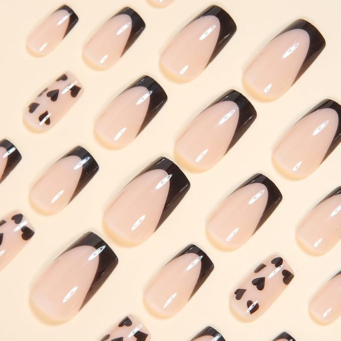 Short Press on Nails Square - Black French Tip Fake Nails with Heart Design - Full Cover Stick on Nails Press ons - for Women Manicure 24 Pcs