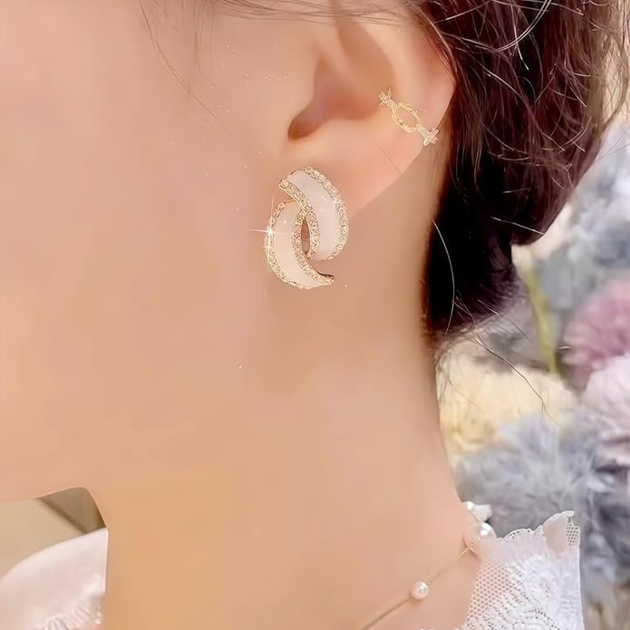 Gold Plated Double Hoop Earrings for Women, White Enamel & Cubic Zirconia Statement Earrings