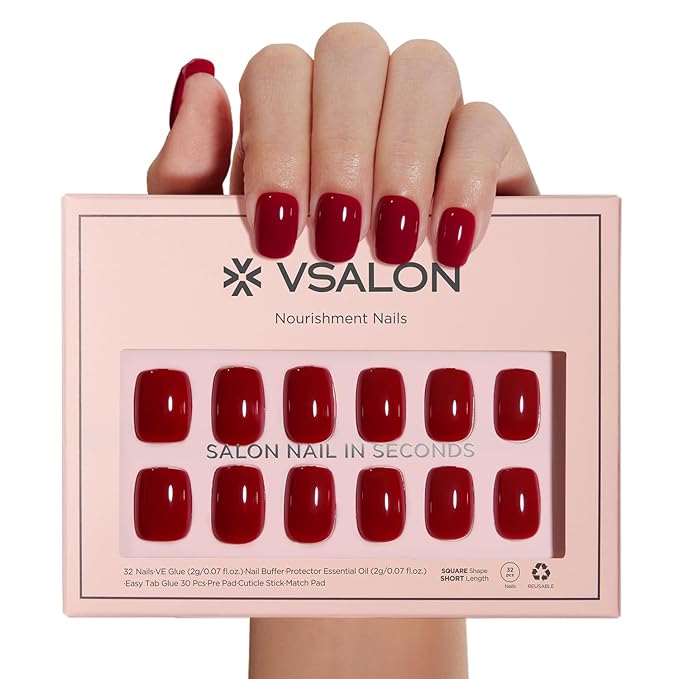 VSALON Press on Nails Short Square - Red Glossy Pastel New Year Fake Nail Kit for Women,Reusable Gel Opaque Glue on Nails with Glue & Cuticle Oil - 32 PCS Stick on Nails in 16 Sizes