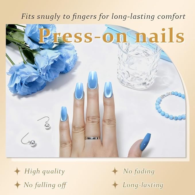 evpct Sky Blue Cat Eye Coffin Press on Nails Square Medium, Medium Square Stick on Nail for Women Gift, Sky Blue Metallic Glitter Glossy Reusable Summer Soft Gel Press on Acrylic Fake Nail with Design