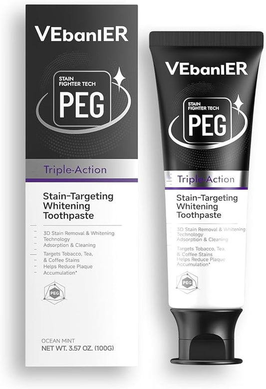VEbanlER Stain-Targeting Teeth Whitening Toothpaste,Natural Deep Remover Stain, Plaque&Bad Breath,3D White with Charcoal,Fluoride Free,Non Toxic,for Adults, Kids and Sensitive Teeth.3.57oz.