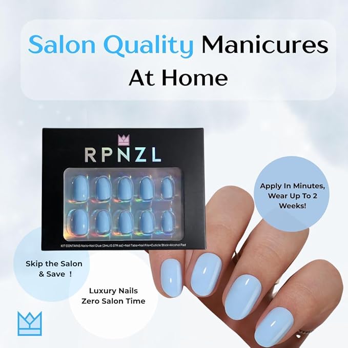 RPNZL Press On Nails - Cloud Nine | Opaque Soft Pale Sky Blue Short Oval Fake Nails, Salon Quality | 32 Nails, 16 Sizes Kit with Glue and Adhesive Tabs I Female Founded