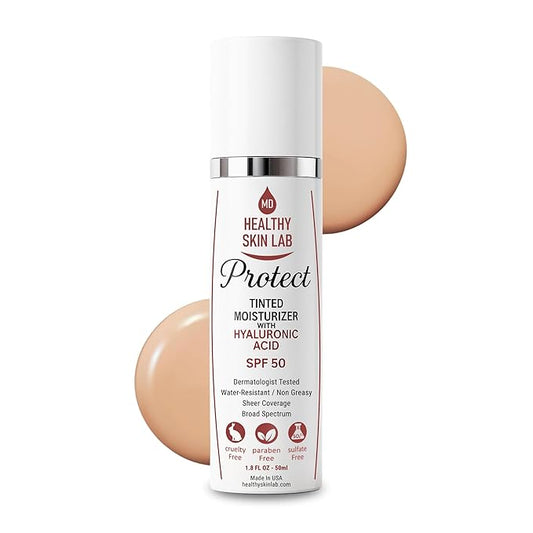 Healthy Skin Lab Protect Tinted Moisturizer & Mineral Sunscreen SPF 50, Sheer Universal Tint, Lightweight Coverage, Broad Spectrum UV Protection + Hyaluronic Acid, Dermatologist Tested, 1.8 oz