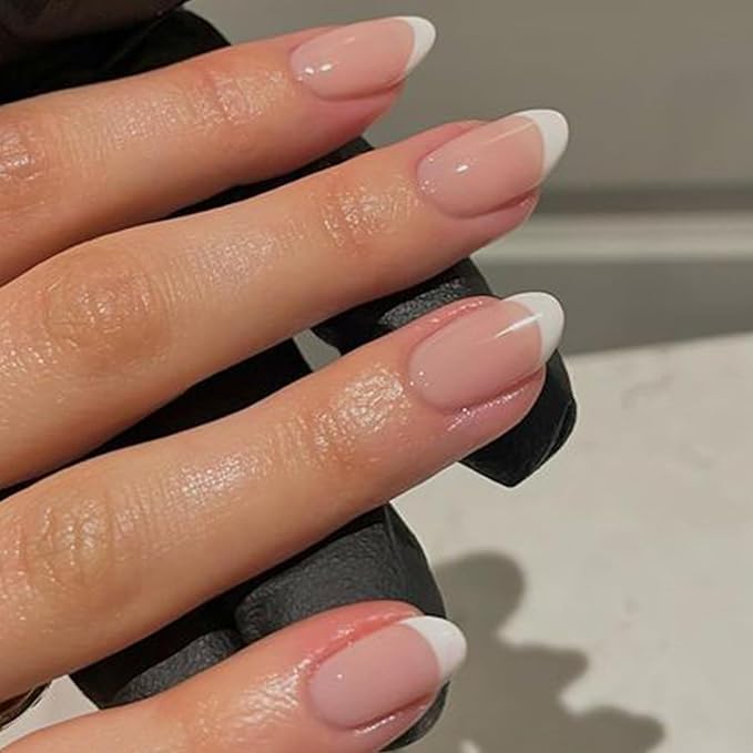 modelones French Tip Press On Nails, Short Oval Fake Nails Press Ons with Nail Glue, Adhesive Tabs, Nail File, Prep Pad, Manicure Stick, 32Pcs 16 Sizes, Nude, Valentines