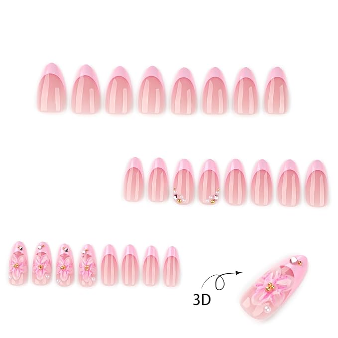 24Pcs French Tip Press on Nails with Charms 3D Pink Flower Designs Medium Almond Fake Nails French Nails Pink Stick on Nails Nail Tips Acrylic Nails Rhinestones Nails for Women Daily Wear