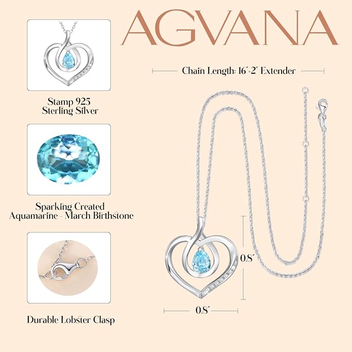 AGVANA Christmas Gifts Heart Birthstone Necklace for Women Sterling Silver Genuine or Created Gemstone Forever Love Pendant Necklace Fine Jewelry Anniversary Birthday Gifts for Women Mom Wife