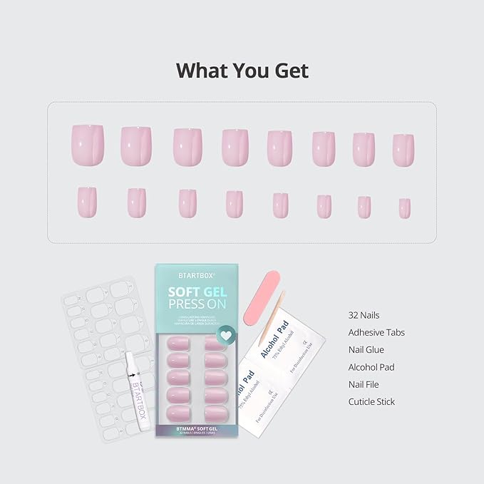 BTArtbox Press On Nails Square - Solid Pink Short Press On Nails with Glue for Women, Opaque Soft Gel Glue On Nails in 16 Sizes - 32 Stick On Nails Kit, Yoga