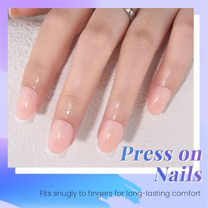 XZMeiLun Nude+White French Tips Press on Nails, Short Square Acrylic Fake Nails Design, Natural Reusable Glue-On Nails Kit for Women DIY False Nail Art Decoration Gift, Salon Quality Reusable 32 Pcs