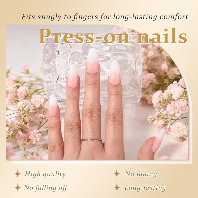Ombre Pink to White Press on Nails Medium Almond, Medium Almond Glossy Stick on Nails Press on for Women with Manicure Kit, Reusable Acrylic Soft Gel Stick on Fake Nail with Ombre Design Perfectly Fit