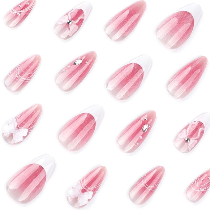 24pcs Pink Glitter French Tip Press on Nails Medium Almond Fake Nails Glossy Gradient False Nails with Rhinestones Design Bow Stick on Nail Glue on Nails Acrylic Artificial Nail for Women