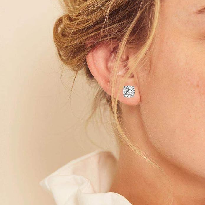 18K White Gold Plated 4 Pong Round Clear Cubic Zirconia Stud Earring Pack of 6 Pairs (6 Pairs)