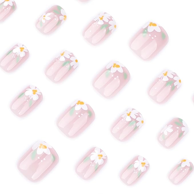 XZMeiLun Press On Nails Spring Summer Acrylic Nails for Women - Green White Flower Designer Fake Nails Short Square 24PCS, Outdoor Picnic/Wedding/Party Reusable Stick On Nails Gift