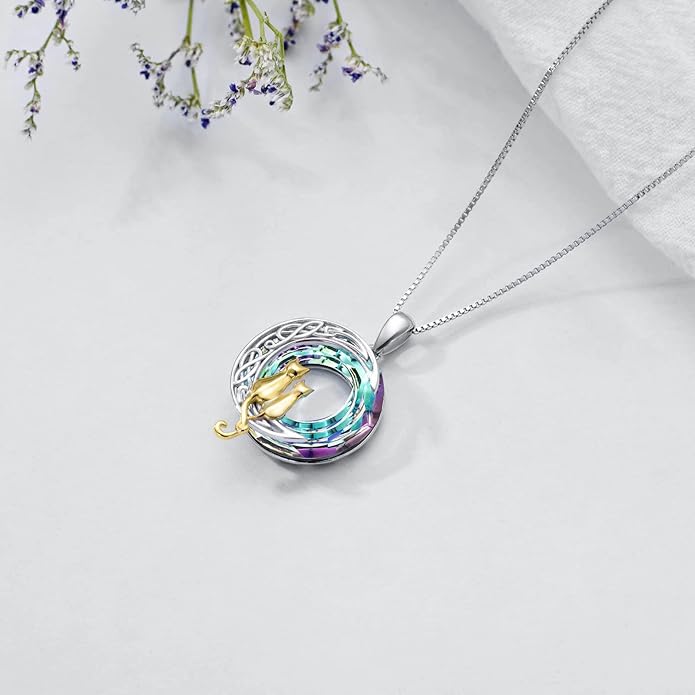 TOUPOP Cat Gifts for Cat Lovers One Two Three Four Cats Necklace Sterling Silver Cats on the Moon Pendant Necklace with Blue Circle Crystal Birthday Christmas Celtic Jewelry Gifts for Women