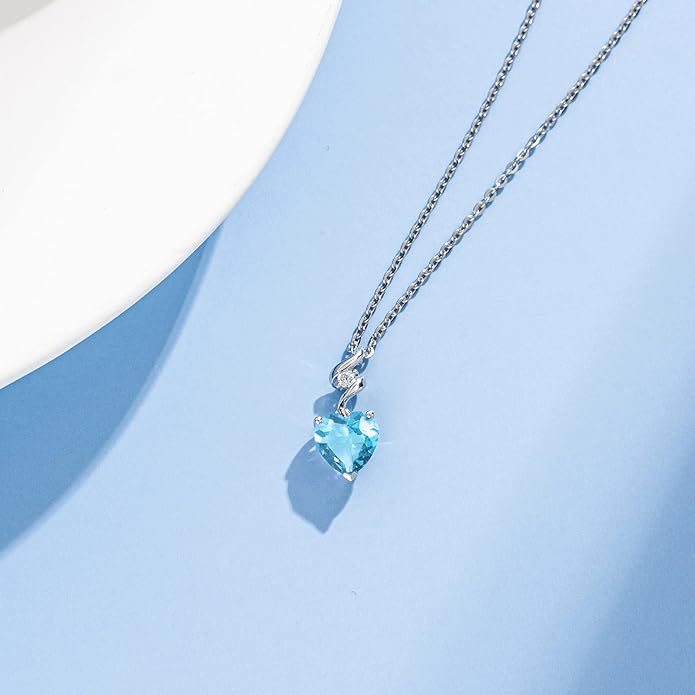 AGVANA Christmas Gifts 14K Solid White Gold Diamond Gemstone Pendant with Sterling Silver Chain 8mm Heart Birthstone Necklace Fine Jewelry Anniversary Birthday Gifts for Women Mom Wife