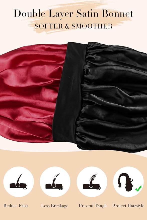 Double Layer Silk Bonnet with Tie Satin Lined Sleep Cap Hair Cover for Women's Curly Natural Hair