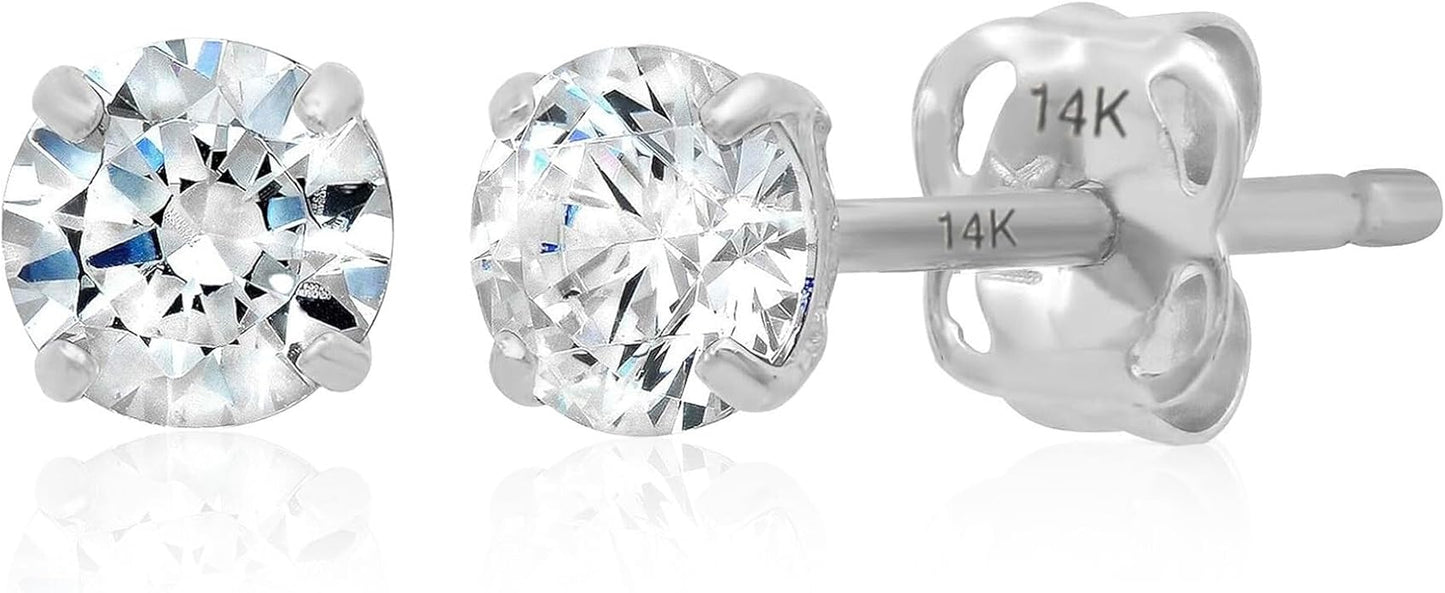 14k Gold Solitaire Round Cubic Zirconia Earrings Studs for Women & Men | Anti Tarnishing CZ Stud Earrings with 14k Gold Butterfly Pushbacks | 4MM-7.5MM by MAX + STONE