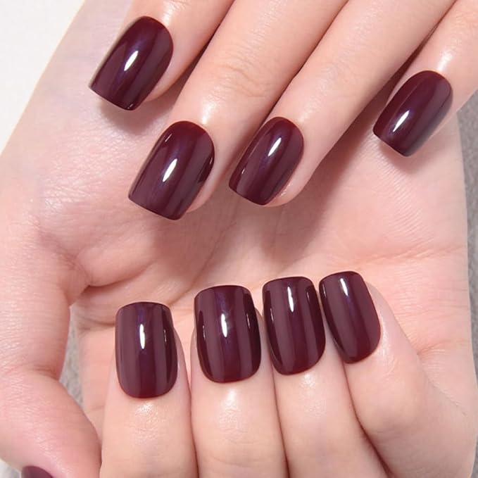 evpct Wine Red Glossy Press on Nails Short Square Nails for Women Gift, Dark Red Glossy Fake Nail with Kits, Soft Gel Reusable Stick on Acrylic Nail Full Cover Perfectly Fit Durable Salon Quality