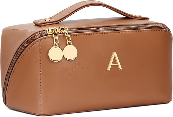 Gifts for Women Bridesmaid Gifts Personalized Initial Makeup Bag PU Leather Cosmetic Waterproof Travel Toiletry Bag (Medium)