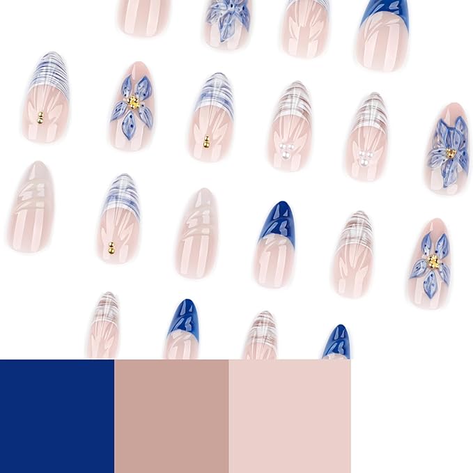 24pcs Blue Flowers Press on Nails Medium Almond Fake Nails Handmade Press on Nails Floral, 3D Flower False Nail French Blue Wave Beach Manicure with Almond-shaped False Nails for Women