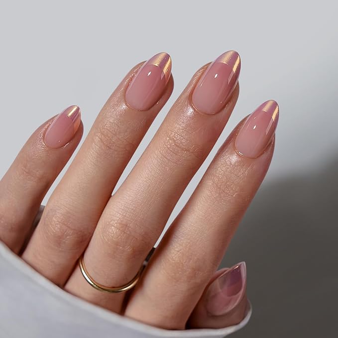 BTArtbox Press On Nails Short - Chrome French Tip Almond Press On Nails with Glue for Women, Opaque Soft Gel Glue On Nails in 16 Sizes - 32 Stick On Nails Kit, Coastal Glow