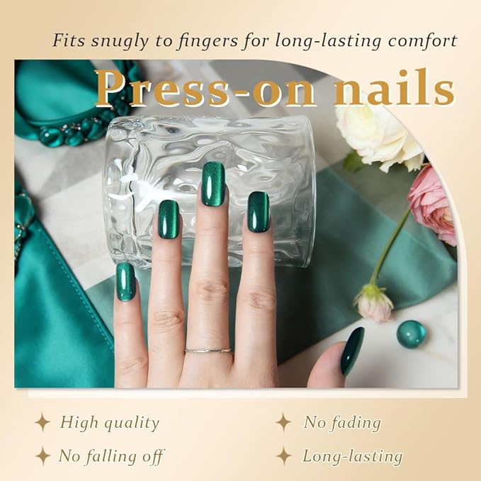 evpct Dark Emerald Green Metallic Cat Eye Press on Nails Square Medium, Stick on Nails Medium Length Square for Women, Green Metallic Nail press ons, Iridescent Glitter Acrylic Fake Press on Nail