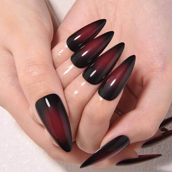 evpct Ombre Dark Red Press on Nails Medium Almond, Medium Almond Glossy Stick on Nail for Women Gift with Manicure Kit, Reusable Full Cover Soft Stick on Fake Nail with Ombre Design Perfectly Fit