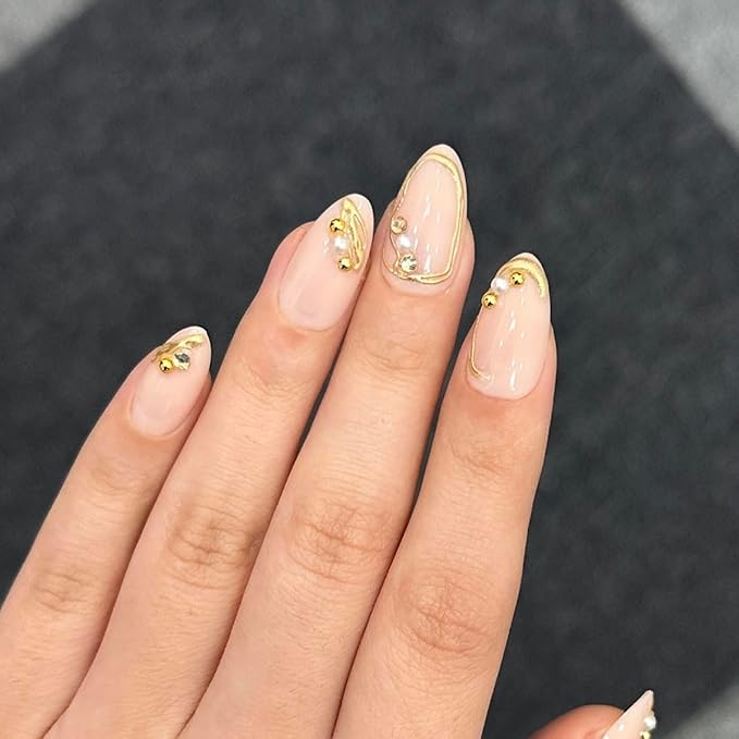 XZMeiLun Short Almond Press on Nails with French Tip & 3D Gold Line Pearl Charms Design, Glossy Full Cover Acrylic False Nails with Glue, Reusable Stick-on Fake Nails for Women- Fall Nail Art Gift