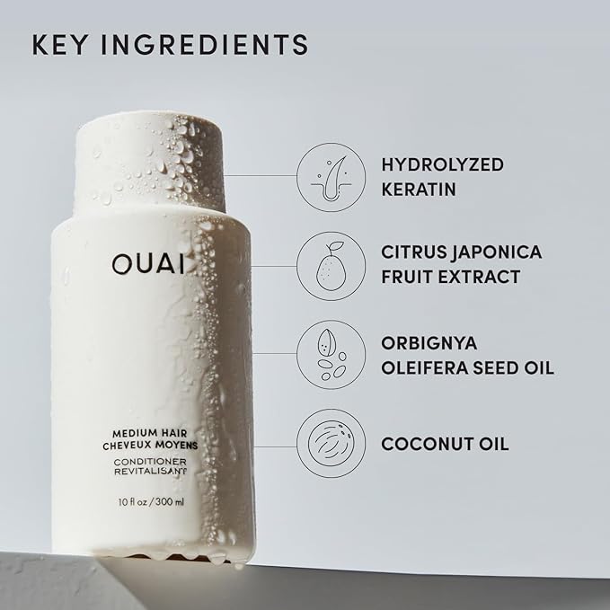 OUAI Medium Conditioner - Hydrating Hair Conditioner with Coconut Oil, Babassu Oil, and Keratin - Strengthens, Repairs and Adds Shine - Paraben and Phthalate Free Hair Care Products (10 Oz)